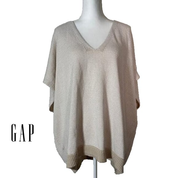 NWT GAP Women XXL Knit V-Neck Short Sleeve Cape Top Poncho Pullover Sweater Tan - Picture 1 of 7